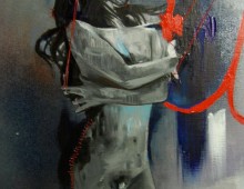 I Think I See Myself In Her. 5 ft x 2 ft. Acrylic, Mixed Media, Thread, Pastel and Ink on Canvas. 2010. SOLD