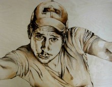 Shapiro: 102.1 The Edge. Wood Burning and Acrylic on Wood Panel. 3ft. x 2 ft. 2010